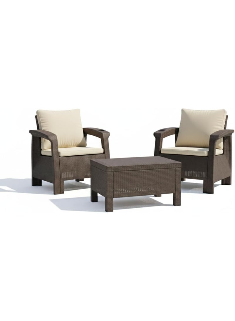 Marcolo 2-Seater Outdoor Sofa Set – Dark Brown Plastic Chairs with Beige Back and Seat Cushions & Coffee Table, Weather-Resistant Patio & Balcony Furniture with Built-In Cup Holders - Image 1